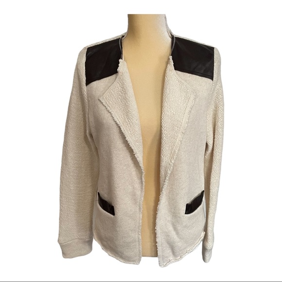 Drew by‎ Anthropologie Cream Open Front Leather Trim Cardigan Jacket Size M - Picture 1 of 11